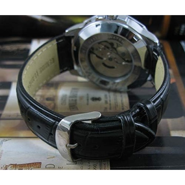 Mens Watches Automatic Mechanical Black Dial Leather Strap Wrist Watch