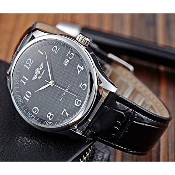 Mens Watches Automatic Mechanical Black Dial Leather Strap Wrist Watch