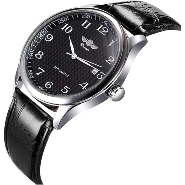 Mens Watches Automatic Mechanical Black Dial Leather Strap Wrist Watch